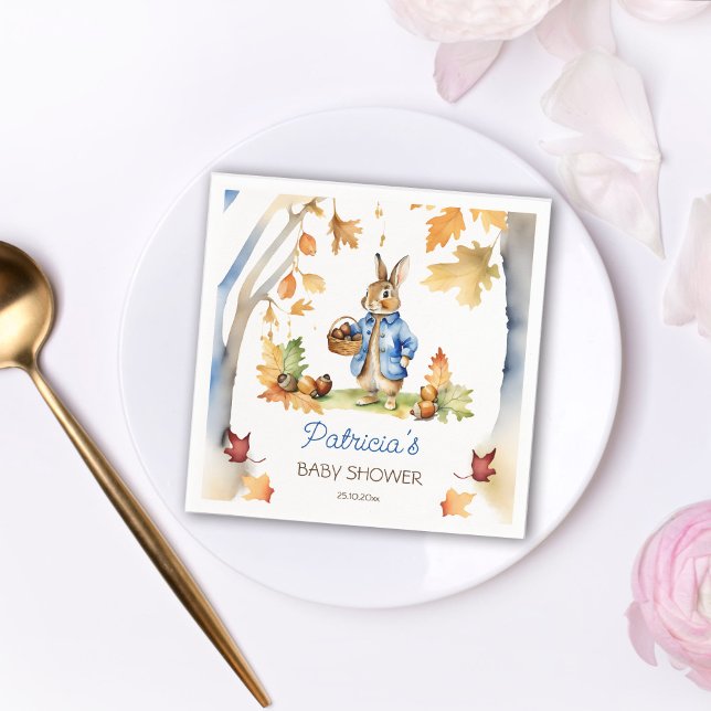 Peter rabbit fall baby shower tableware napkins (Peter rabbit baby shower tableware personalized party plates cute bunny acorn basket oak trees fall)