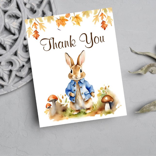 Peter rabbit fall baby shower thank you card (Peter Rabbit baby shower thank you card fall themed watercolor rabbit blue jacket mushrooms leaves)