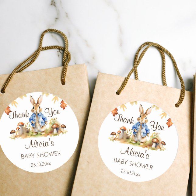 Peter rabbit fall baby shower thank you favor classic round sticker (Peter rabbit baby shower thank you favor gift template stickers cute bunny with a blue jacket fall)
