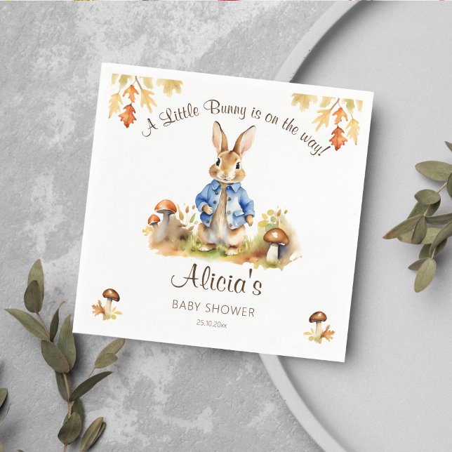 Peter rabbit fall themed baby shower tableware napkins (Peter rabbit fall themed baby shower tableware personalized napkins cute bunny blue jacket mushrooms)