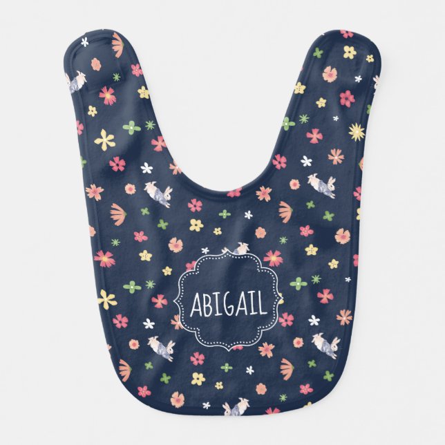 Peter Rabbit | Floral Navy Pattern Baby Bib (Front)