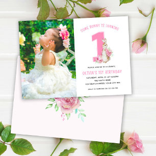 Peter Rabbit Photo 1st Birthday Pink Invitation