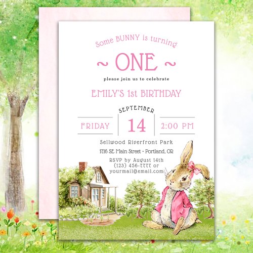 Peter Rabbit Pink Baby Girls First Birthday Invitation