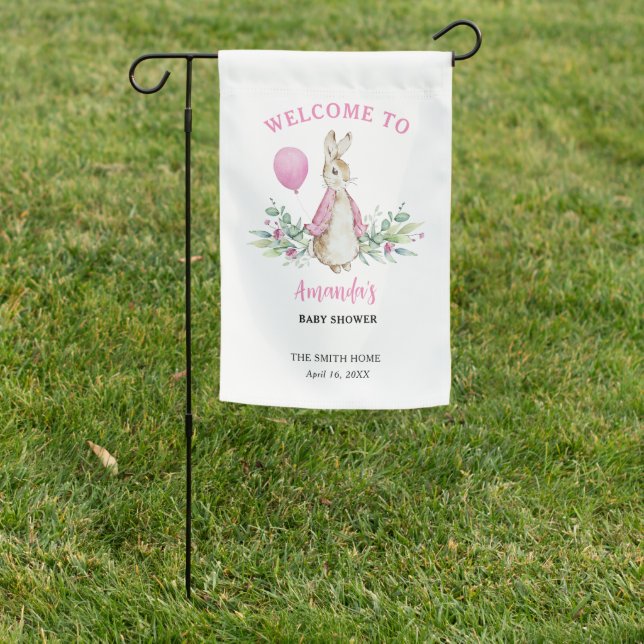 Peter Rabbit Pink Baby Shower Garden Flag (In SItu)