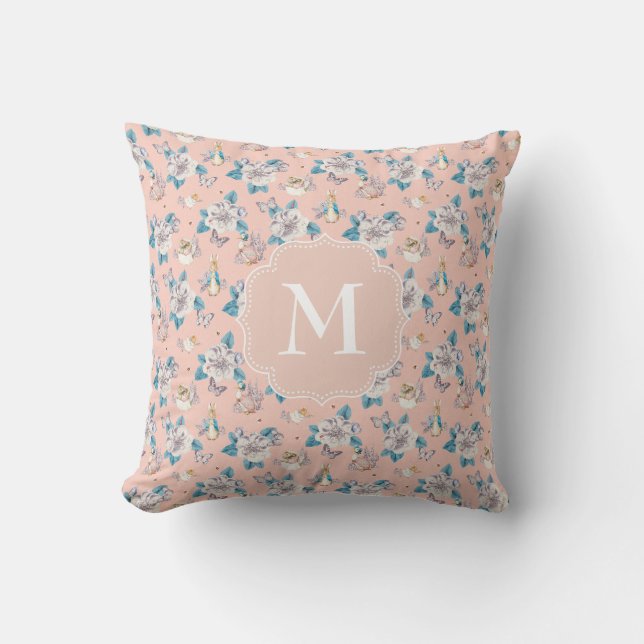 Peter Rabbit | Pink Floral Garden Pattern Throw Pillow (Front)