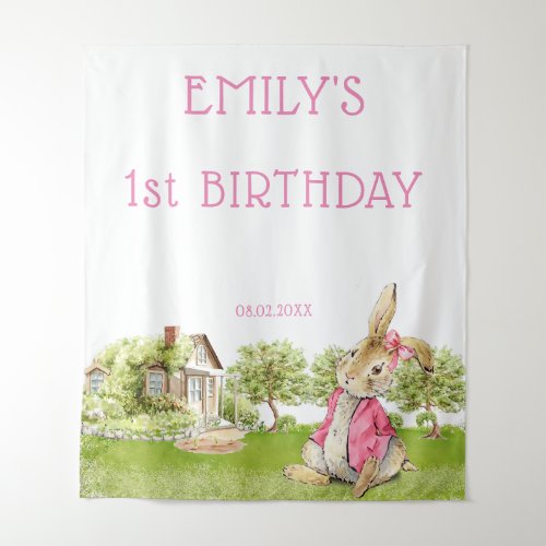 Peter Rabbit Pink Girl First Birthday Party Tapestry