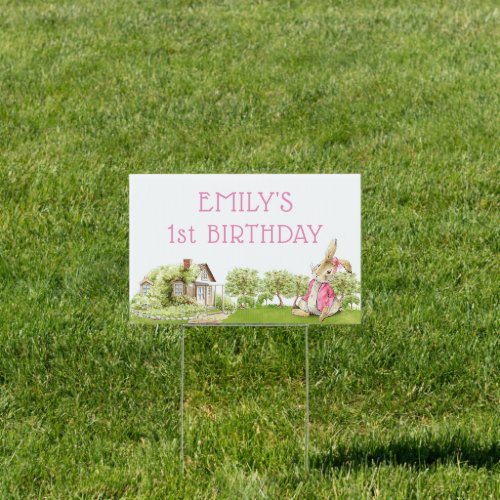 Peter Rabbit Pink Girl First Birthday Sign