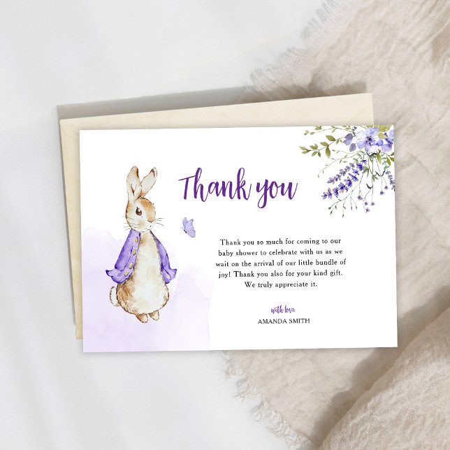 Peter Rabbit Purple Baby Shower Thank You Card (Creator Uploaded)