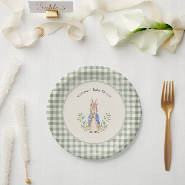 Peter Rabbit Sage Green Gingham Baby Shower Paper Plates (Wedding)