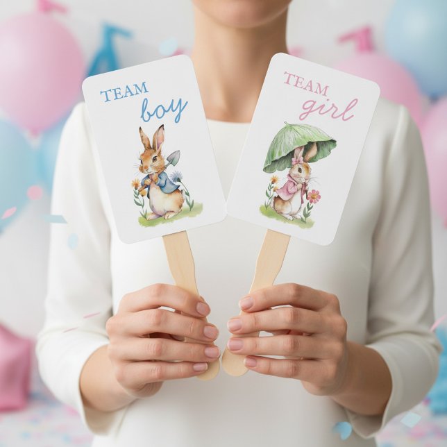 Peter Rabbit Team Girl or Team Boy Baby Reveal Hand Fan (Peter Rabbit storybook themed gender reveal hand fans)