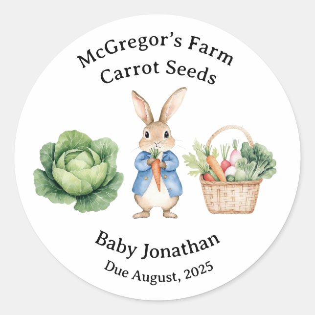 Peter Rabbit Veggie Basket Baby Shower Favor Classic Round Sticker (Front)
