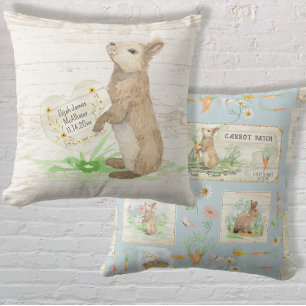 Peter Rabbit Watercolor Rustic Wood Dusty Blue Boy Throw Pillow