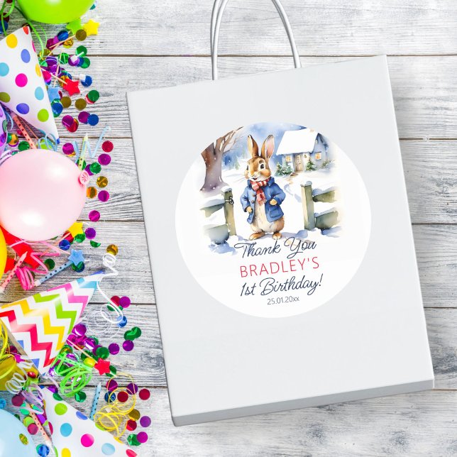 Peter rabbit winter birthday party favor classic round sticker (Peter Rabbit winter themed birthday party favor gift thank you stickers watercolor cute bunny snowy)