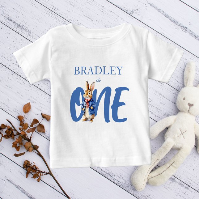 Peter rabbit winter birthday party photoshoot baby T-Shirt (Peter Rabbit birthday party personalized name t-shirt cute bunny first birthday photo props)