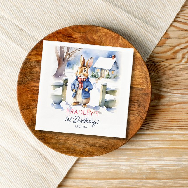 Peter rabbit winter birthday party tableware napkins (Peter Rabbit winter themed birthday party tableware personalized napkins watercolor cute bunny snowy)