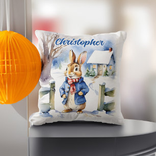 Peter Rabbit winter cottage Christmas gifts Throw Pillow