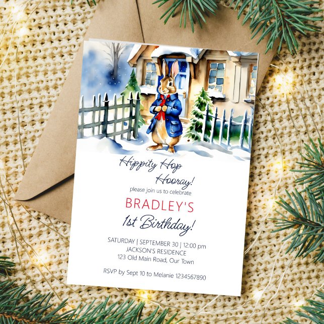 Peter rabbit winter themed birthday party template (Peter Rabbit winter birthday party editable template invitation digital download watercolor cute)