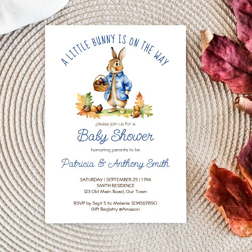 Peter rabbit with acorns fall baby shower  invitation