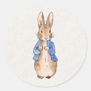Peter Rabbit with Linen Background   Classic Round Sticker