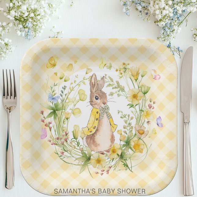 Peter Rabbit Yellow wildflower Gingham Baby Shower Paper Plates (Creator Uploaded)