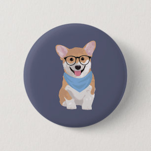 Peter The Cute Hipster Blue Bandana Corgi Puppy Button