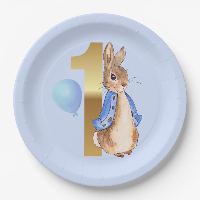 Peter the Rabbit 1st Birthday Blue balloon Paper Plates (Front)