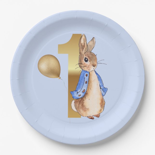 Peter the Rabbit 1st Birthday gold balloon Paper Plates (Front)