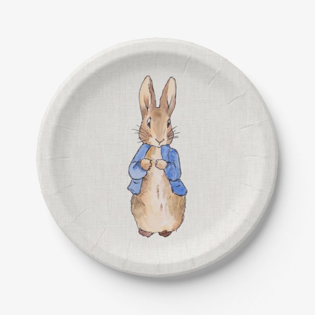 Peter the rabbit beige linen textured background paper plates (Front)