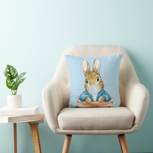 Peter the Rabbit Blowing a Blue Bubble Gum Throw Pillow