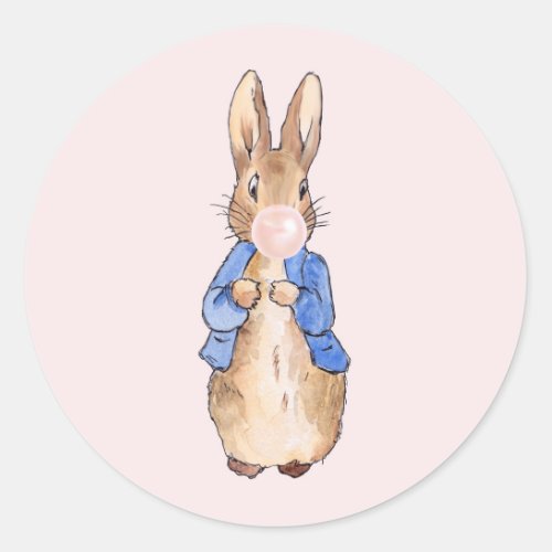 Peter the Rabbit Blowing a Pink Bubble gum    Classic Round Sticker