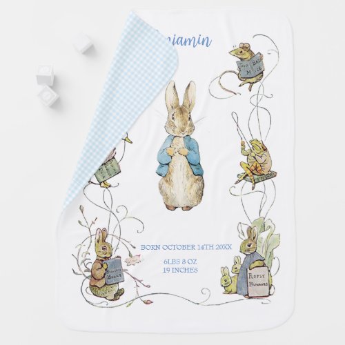 Peter the Rabbit Blue Gingham Birth Stats Baby Blanket