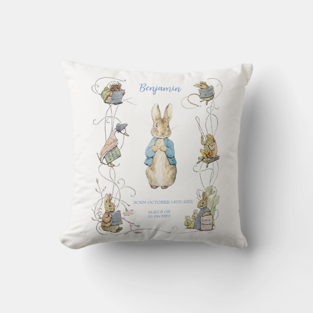 Peter the Rabbit Blue Gingham Birth Stats Throw Pillow (Front)