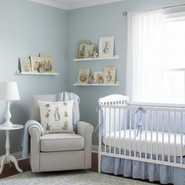 Peter the Rabbit Blue Gingham Birth Stats Throw Pillow (Creator Uploaded)