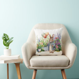 Peter the rabbit blue jacket balloons garden throw pillow