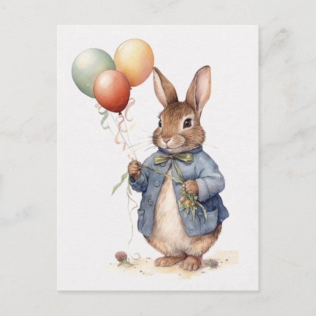 Peter the rabbit blue jacket with balloons postcard (Front)