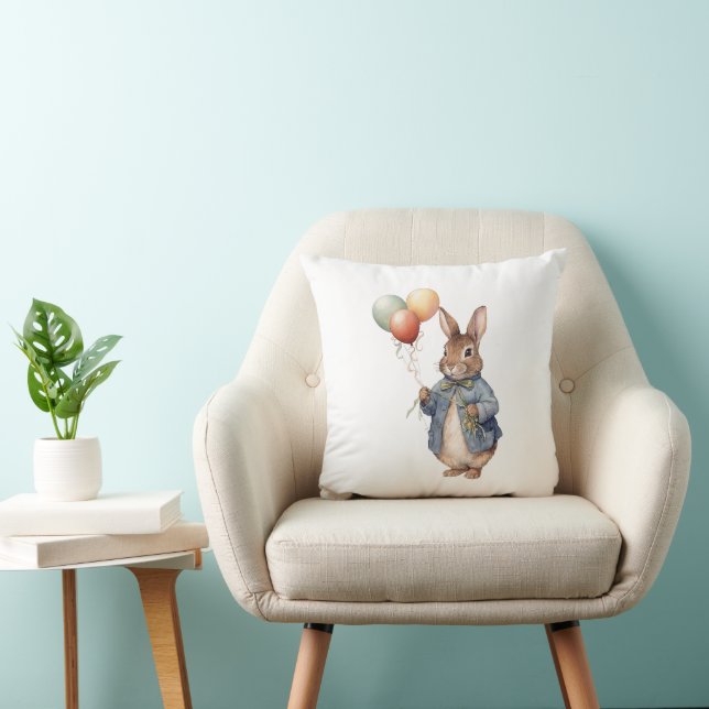Peter the rabbit blue jacket with balloons throw pillow (Chair)