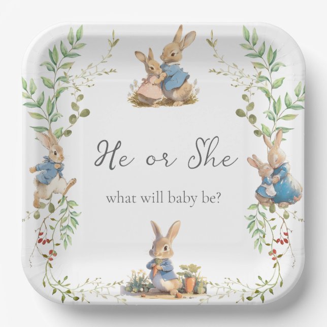 Peter the Rabbit Botanical Gender Reveal  Paper Plates (Front)