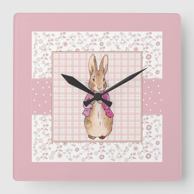 Peter the Rabbit Check & Floral pattern Square Wall Clock (Front)