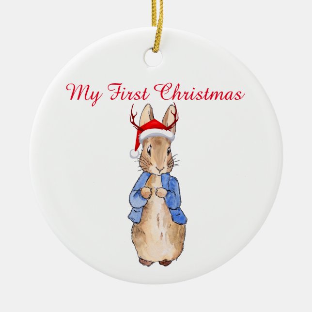 Peter the Rabbit Christmas Hat First Christmas Ceramic Ornament (Front)