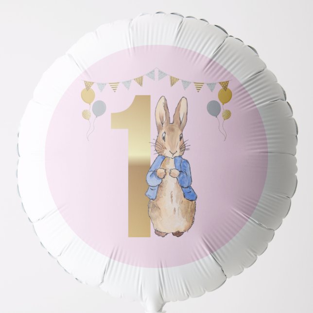 Peter the Rabbit First Birthday Gold Buntings Pink Balloon (Front)