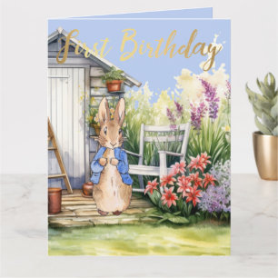 Peter the Rabbit Garden Shed First Birthday Card
