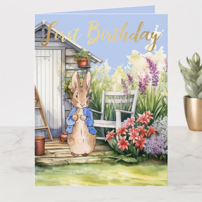 Peter the Rabbit Garden Shed First Birthday Card (Small Plant)
