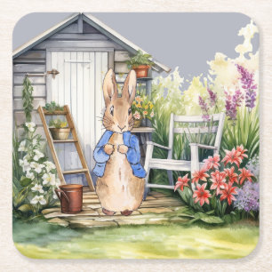 Peter the Rabbit Garden Shed Square Paper Coaster