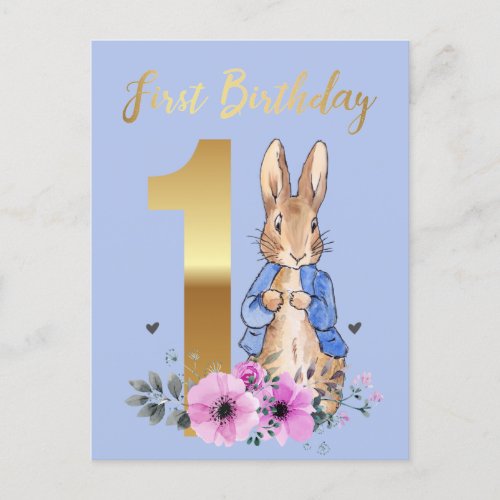 Peter the Rabbit Gold 1st Birthday Invitation Postcard