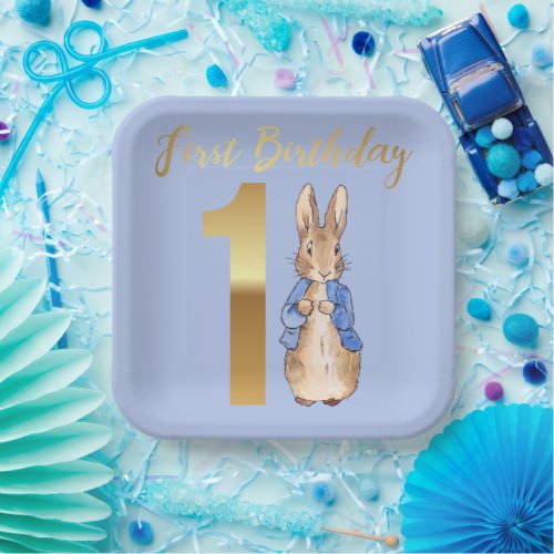 Peter the Rabbit Gold 1st Birthday Paper Plates