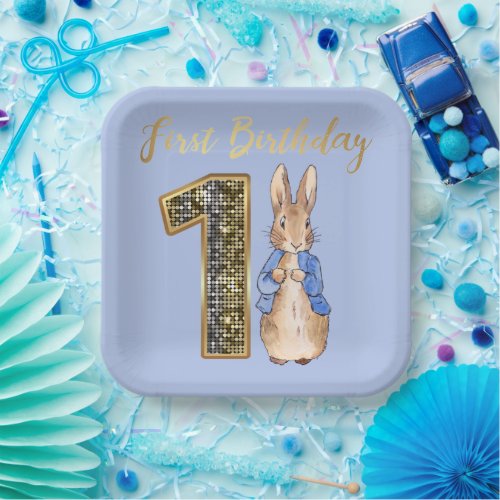 Peter the Rabbit Gold 1st Birthday Paper Plates