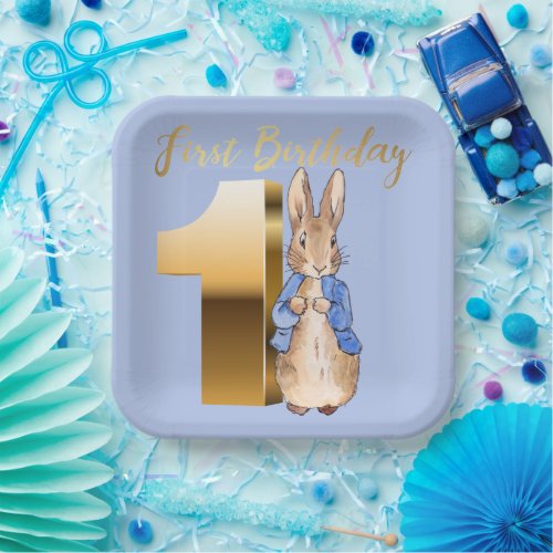 Peter the Rabbit Gold 1st Birthday Paper Plates