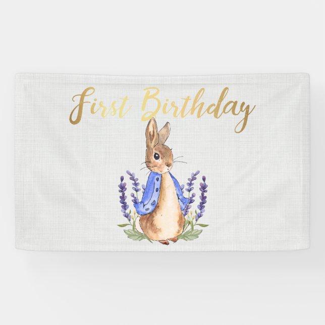 Peter the Rabbit gray linen 1st Birthday Banner (Horizontal)