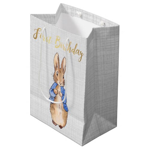Peter the Rabbit Gray Linen First Birthday Medium Gift Bag