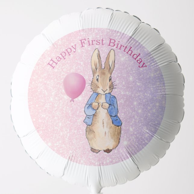 Peter the Rabbit happy first birthday Pink glitter Balloon (Front)